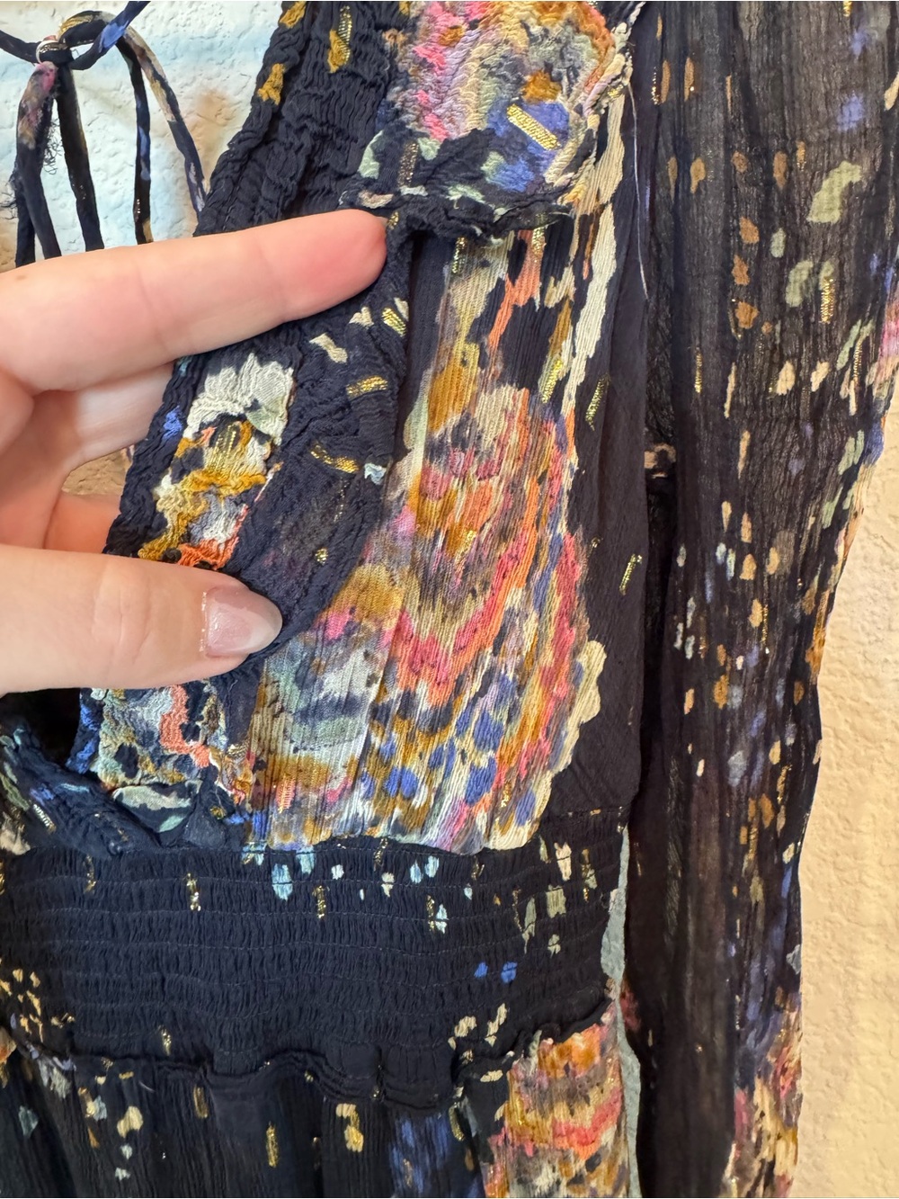 Anthropologie Small Boho Floral Sheer Sleeve Midi Dress Navy with pockets :) - Picture 3 of 15